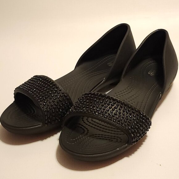 Crocs Lina D'Orsay Black Sandals Embellished Toes Sz 8 - Picture 1 of 9